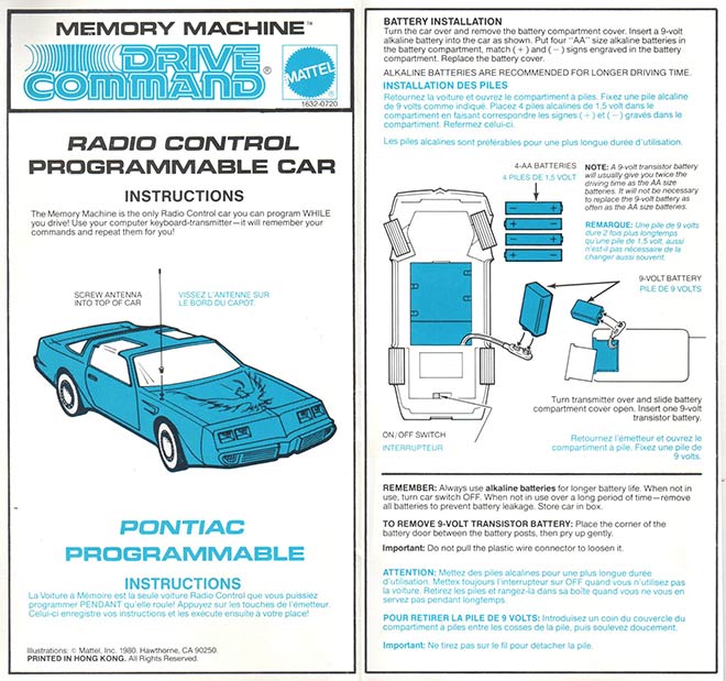Pontiac Firebird - Mattel (1980) INSTRUCTIONS